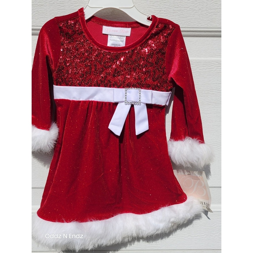 Bonnie Baby Red‎ Sequined Holiday Dress With White Bow 6-9M
